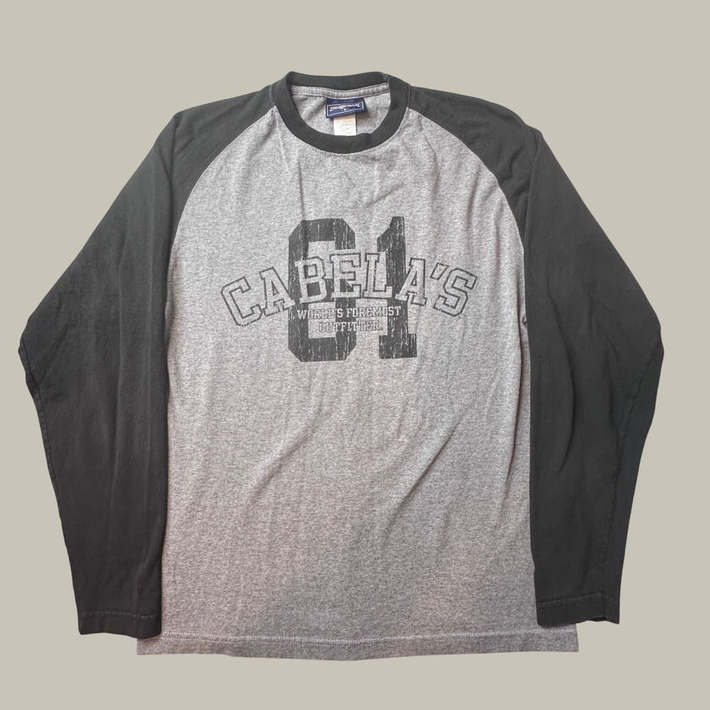Vintage JanSport T-Shirt Mens S Cabela's Gray Black Raglan Long Sleeve Graphic